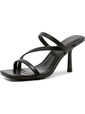 Women's Black Faux Leather Square Toe Strappy 3 Inch Mules Stiletto High Heels